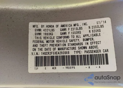 2014 Honda Accord Sport z USA, uszkodzony, nr VIN 1HGCR2F5XEA290669